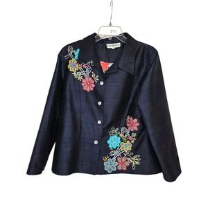 Entice Dark Blue Embroidered Floral Jacket Blazer Womens Size Medium Lined